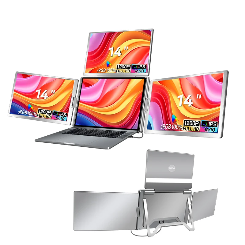 14 Quad Fold Monitor 1200P 1 Cable for 3 Screens Triple Portable Monitor with Type-C Port Laptop Screen Extender Triple Monitor