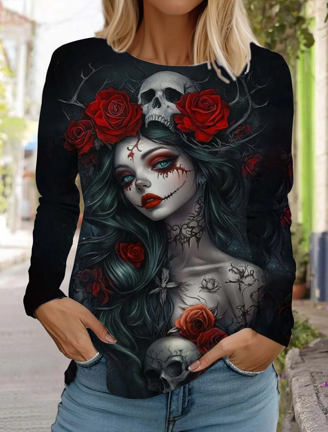 Sugar Skull Pattern Womens Long Sleeve Shirt Day of the Dead Shirts 3D Printed Tops Summer y2k Gothic style Women's Clothing