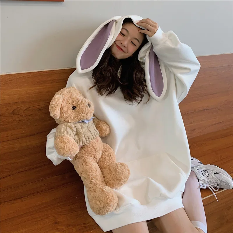 

2024 New Independent Sweatshirt Women's Kawaii Cute Girl Rabbit Ear Hoodie Solid Color Mid-length Loose Jumper In Spring/autumn