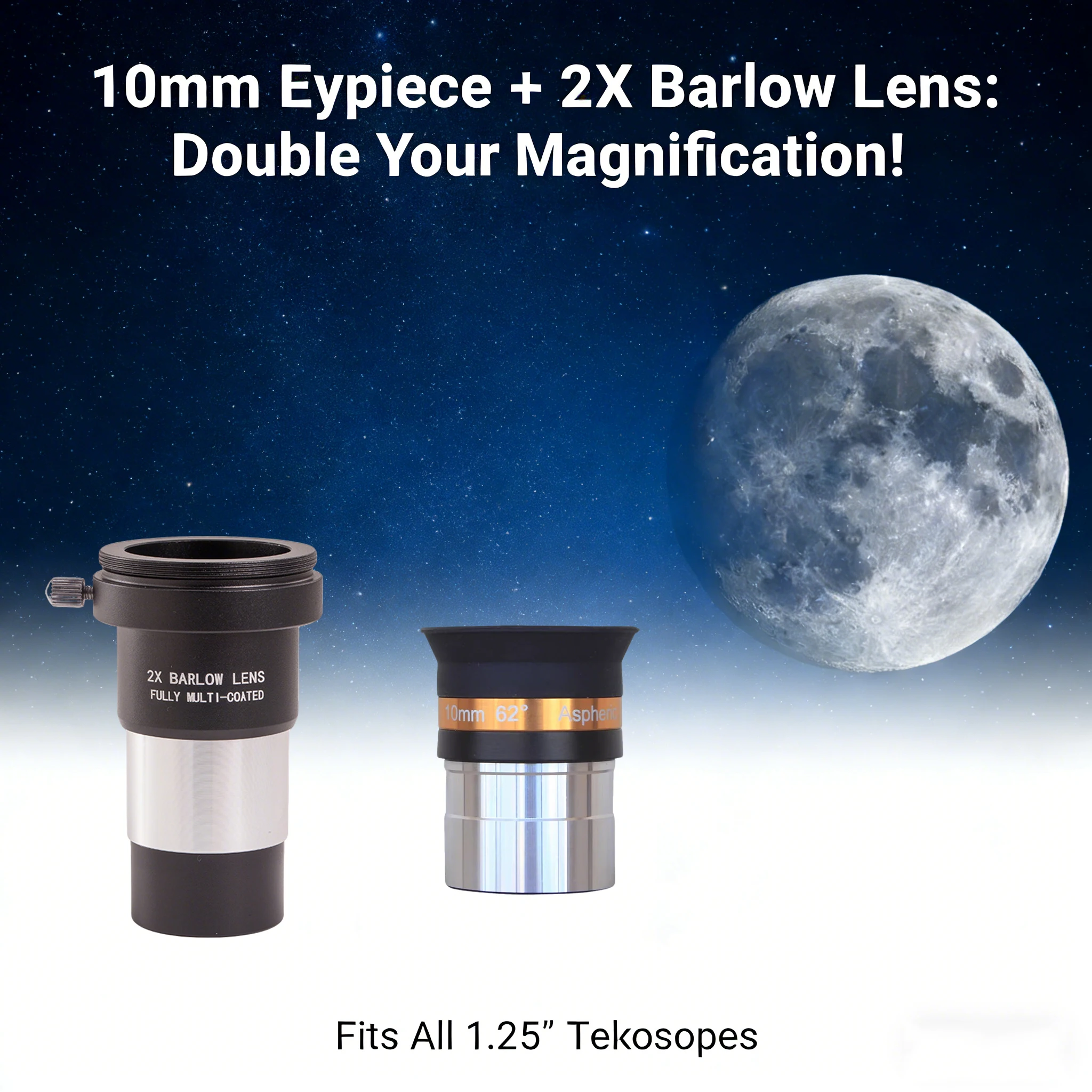 

1.25" Telescope Eyepiece Set 10mm 62 Degree Aspheric Lens & 2X Barlow Lens FMC Coated Professional Astronomy Accessories Equival