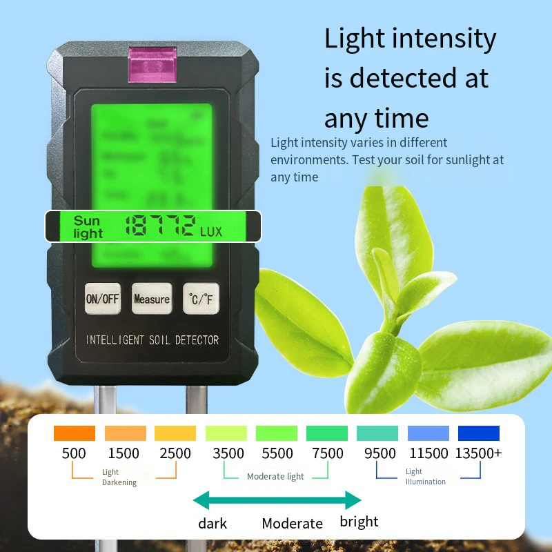 

6 In 1 Soil PH Meter Tester Soil Tester PH Moisture Meter Temperature Sunlight Intensity Measurement Soil Acidity Test