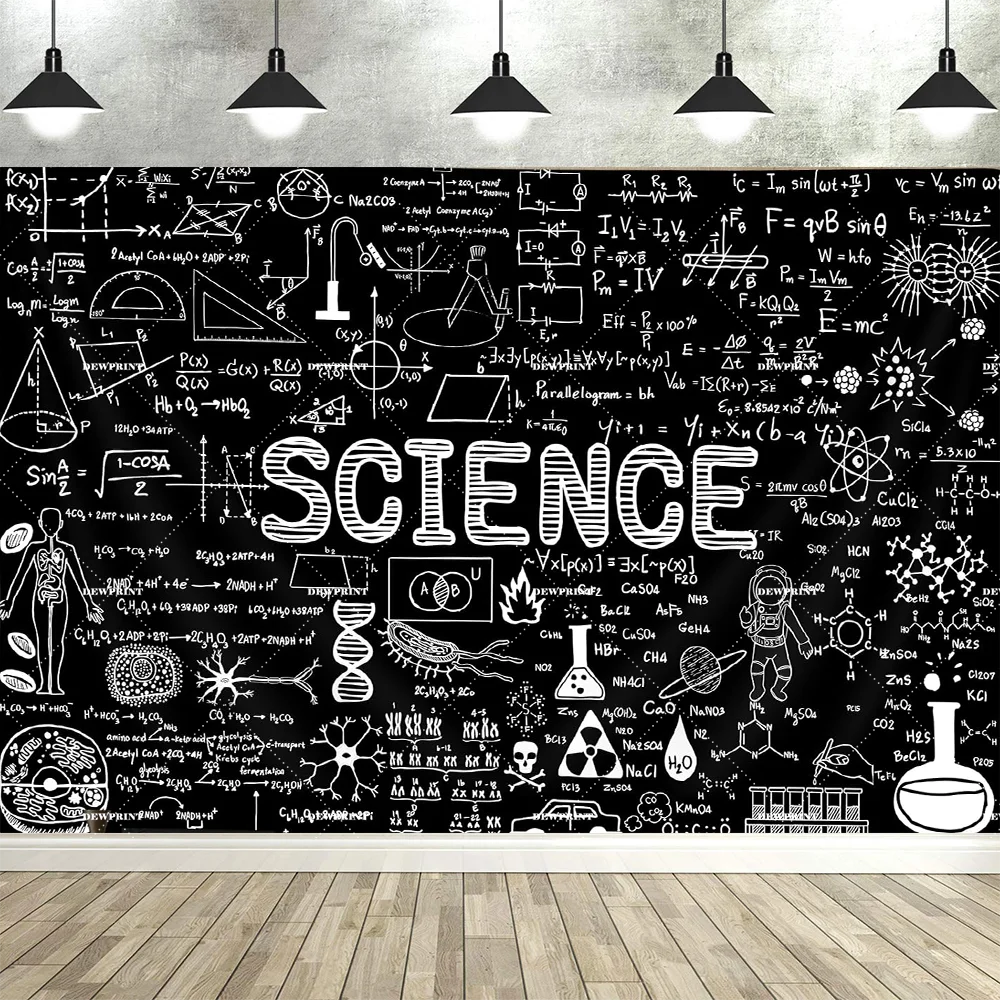 Dewprint Science Tło Dekoracyjne Baner Chemia Matematyka Fizyka STEM Powrót do Szkoły Impreza Wydarzenie Studio Dekoracja Tło Gobelin — zdjęcie produktu 2