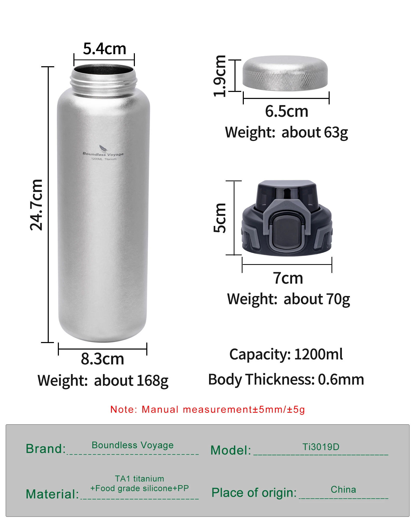 Boundless Voyage Titan-Wasserflasche 1,2L/40,6oz mit Klappdeckel/Titandeckel Leichtgewichtige Auslaufsichere Camping-Wander-Fitness-Flasche – Detail 2