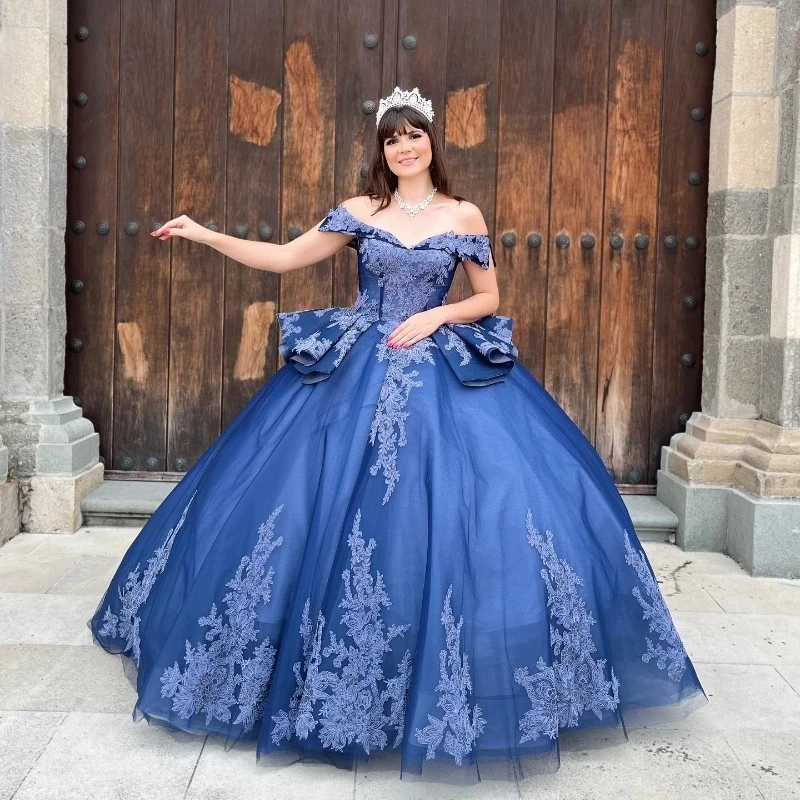 

Royal Blue Off the Shoulder Ball Gown Quinceanera Dress Shiny Applique Lace Beading Tull Corset Sweet 16 Vestidos 15 De XV Años