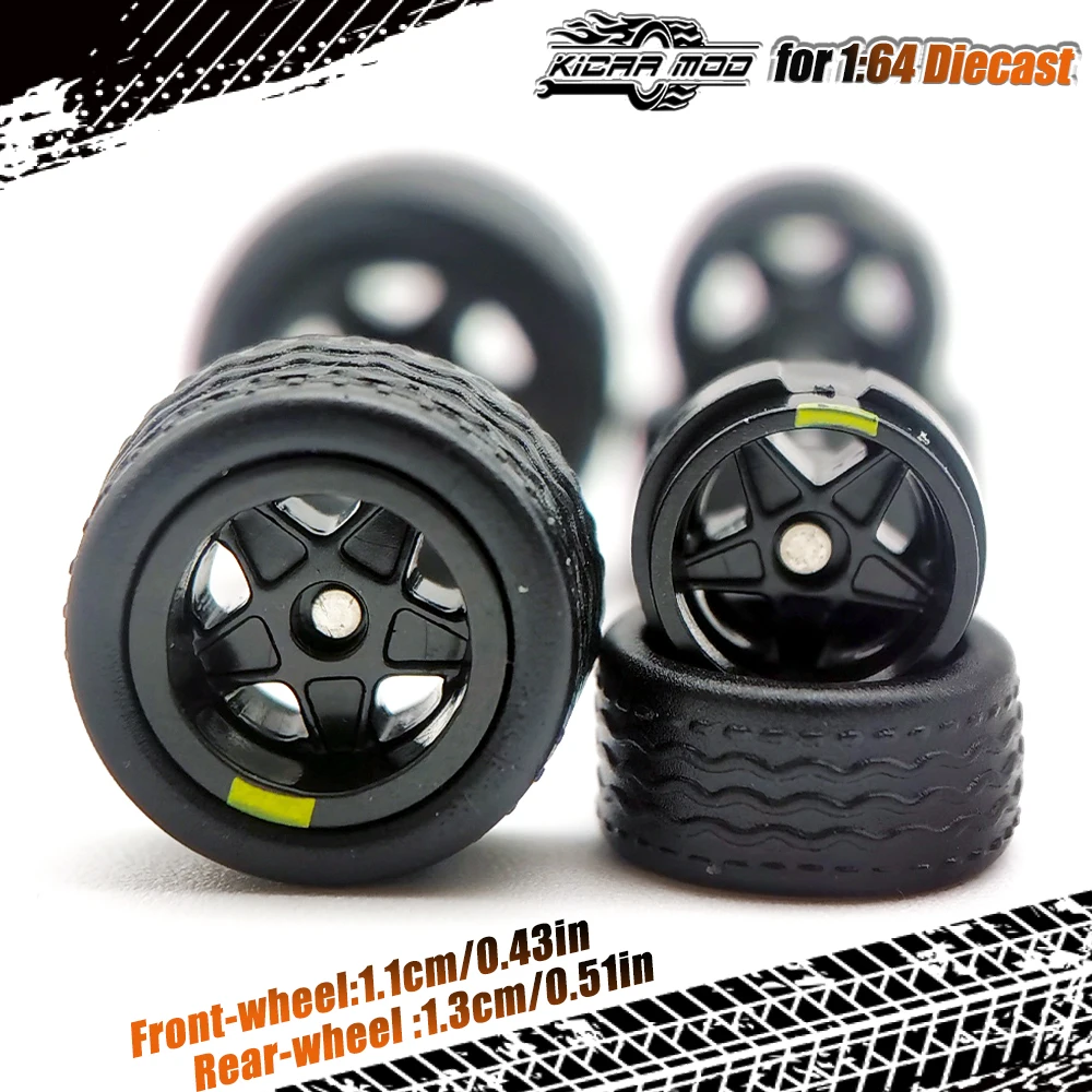 1/64 Model Car Wheels with Rubber Detachable Tires Pentagram Spoke Refitting Parts for Matchbox D:11mm+13mm 1 Set