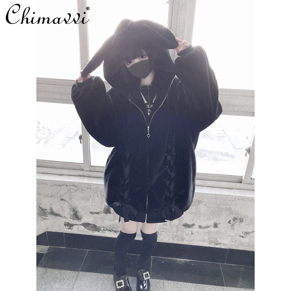 

Массовая продажа в японском стиле, милое пальто из искусственного меха с бантом и заячьими ушками, зимняя новая милая свободная теплая куртка Y2K с длинными рукавами для девочек