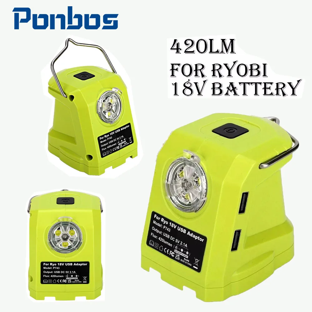

Ponbos 9W 420LMPortable Spotlight LED Work Light for RYOBI 14.4V-18V Li-ion Battery Dual USB Adapter Power Source