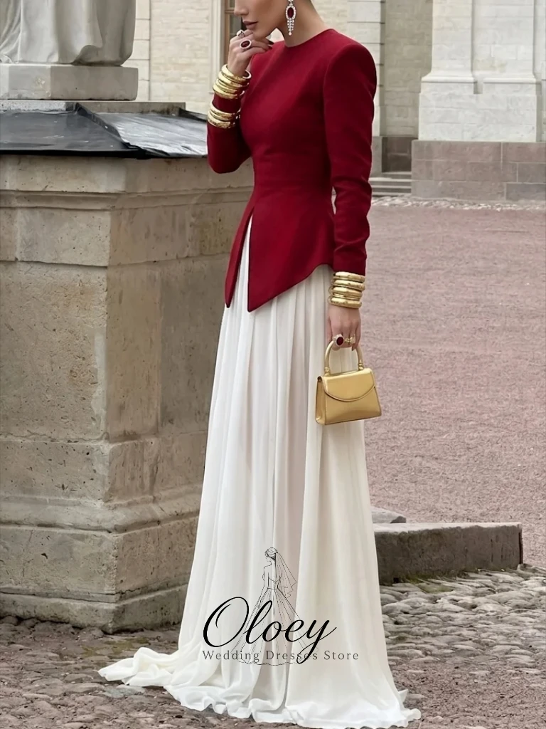 OLOEY Elegant Contrast Color Chiffon A-Line Evening Gown Dress O-Neck Long Sleeve Reception Dress Formal Party Dress Customized