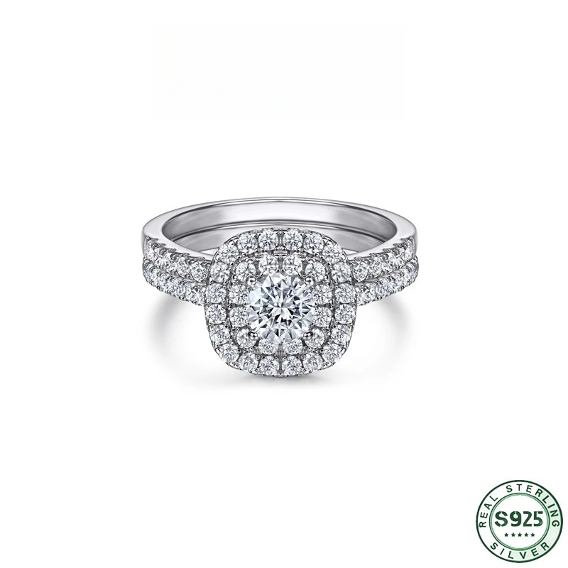 Hot selling exquisite 100% s925 pure silver ring with diamond arrangement and two in one ring, silver ring set, wedding jewelry