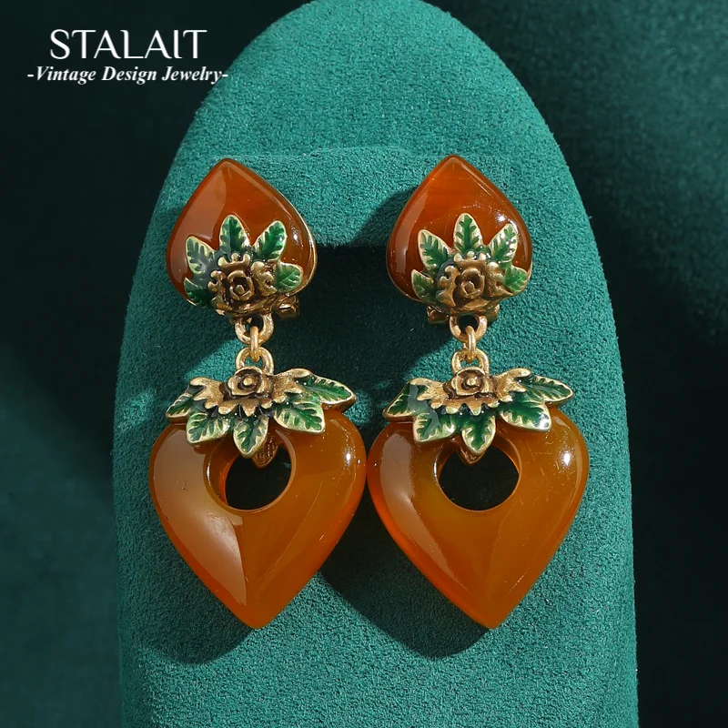 

Vintage Amber Heart Drop Dangle Earring Charm Pendant Antique For Women Gold Color Rhinestones Leaf Luxury Designer Jewelry 2025