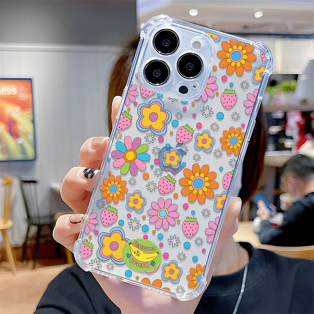 Fashion Flower Phone Case For IPhone 15 14 13 12 11 Pro X XS XR Max 7 8 Plus SE 2020 3 Mini Shockproof Soft Clear TPU Back Cover