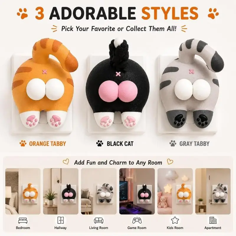Cute Cartoon 3D Orange Cat Switch Panel Sticker Scratch Resistant Cover 1Pcs for Bathroom Home Decor