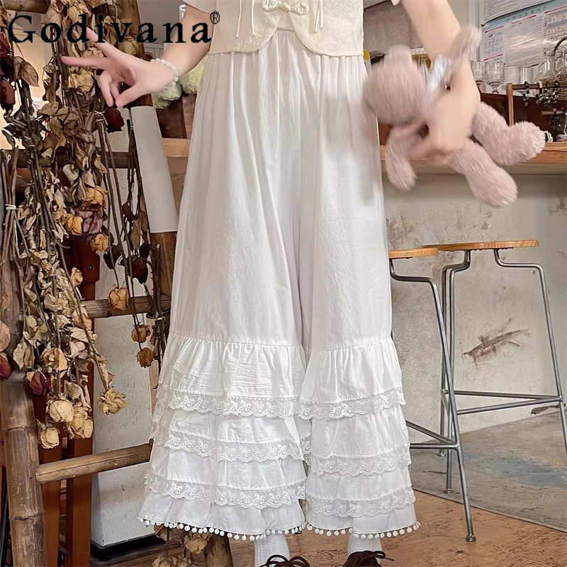 

Women Autumn Winter New Sweet Lace Cotton Elastic Waist White Wide-leg Pants Fashion Versatile Age-reducing Ruffles Long Pants