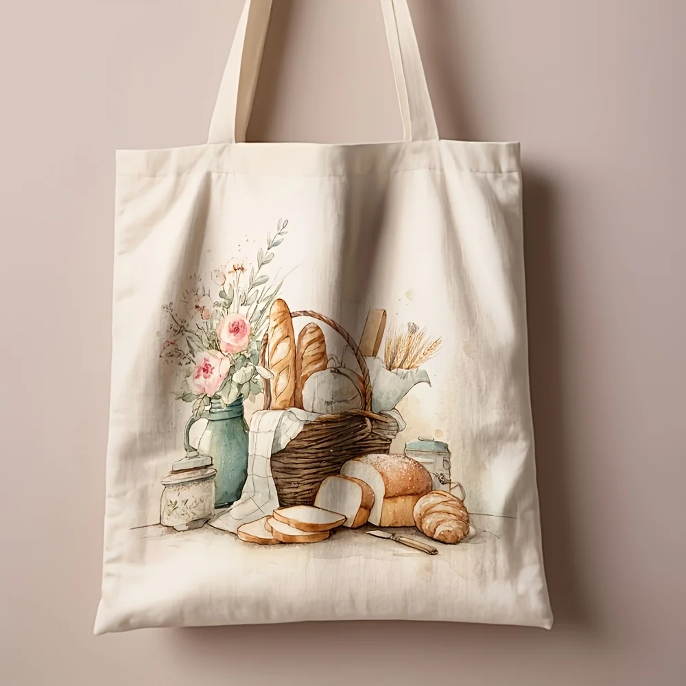 Double-Sided Print, Cottagecore Picnic Tote Bag, Bread Basket Floral Vase Watercolor Print Shoulder Bag, Aesthetic Rural Nature