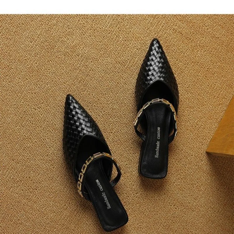 Women Slippers Pointed Toe Design Shallow Slip on Thin Low Heels Black Flock Design Casual Mules Loafers Black Outdoor