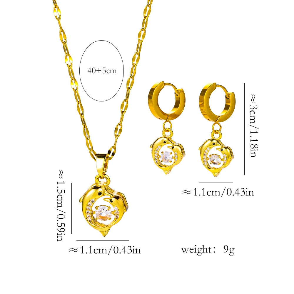 Sweet Sexy Beating Heart Series Dolphin Necklace Earrings For Women Light Luxury Female Stainless Steel Neck Chain Jewelry Set