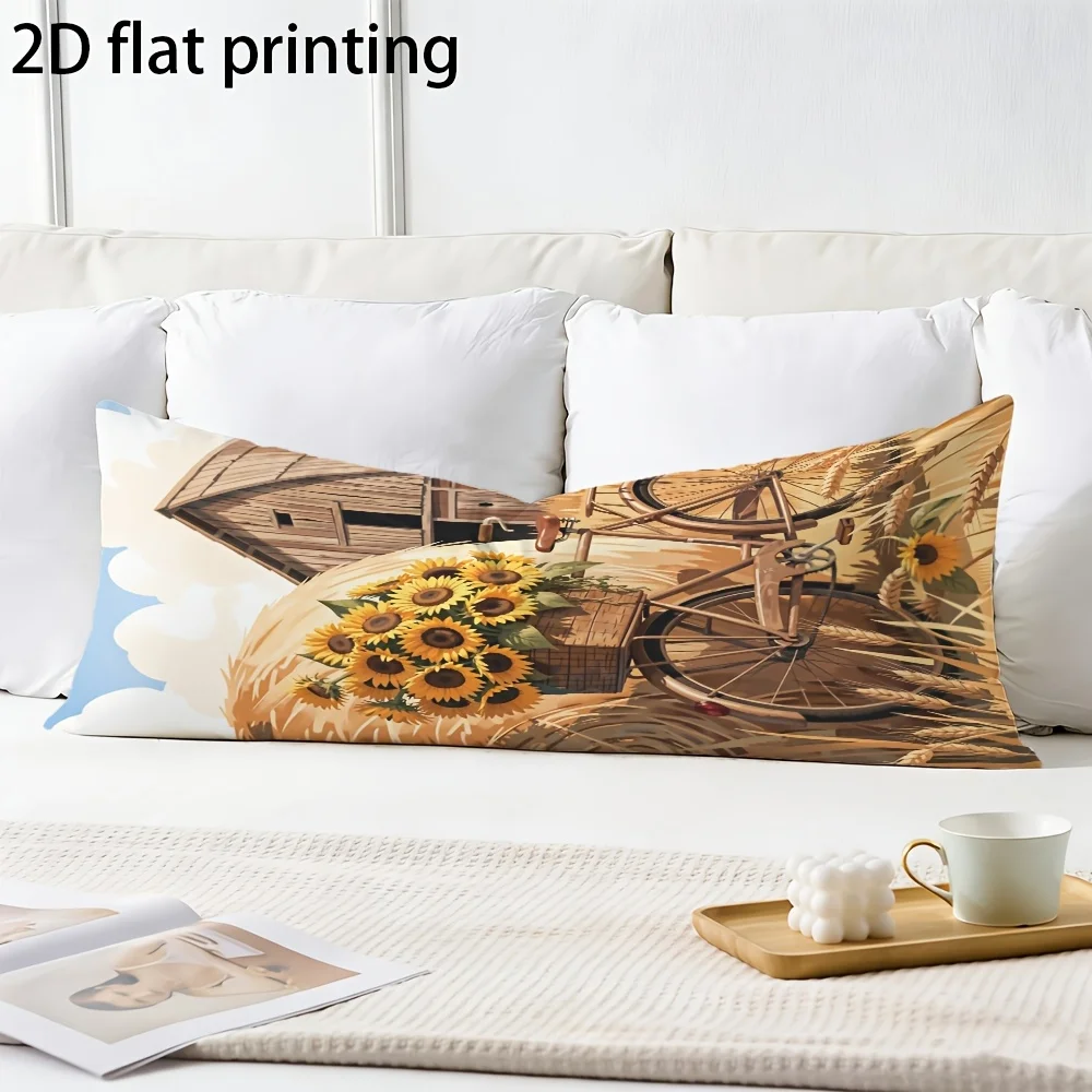 2D Flat - Long Pillowcase, 2D Printed Design, Pastoral Sunflower Bicycle Pattern, Full Body Support Pillowcase, Durable Fabric,