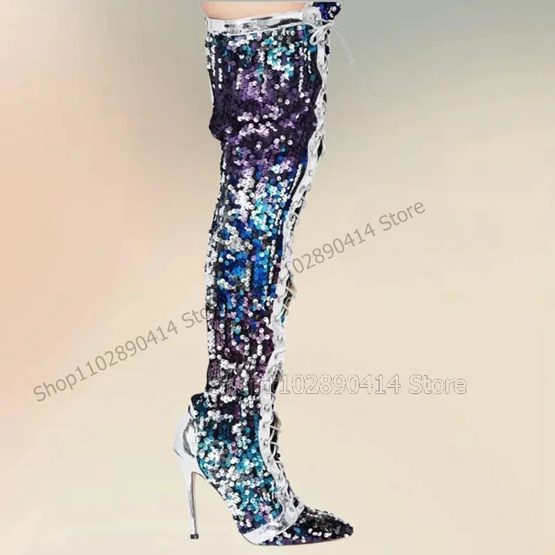 

Colorful Sequins Decor Pointed Toe Strappy Boots Cross Tied Women Shoes Thin High Heels Fashion Party 2025 Zapatos Para Mujere