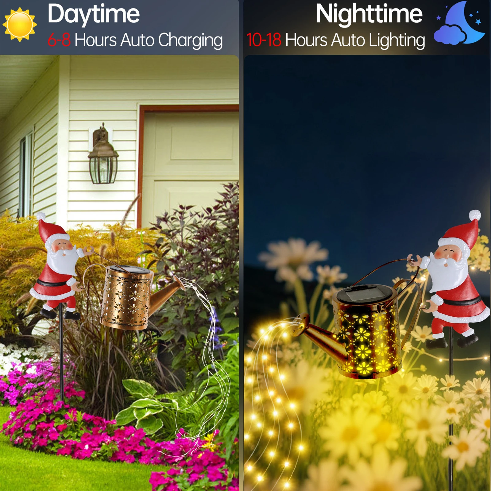Solar Powered Light with Santa Watering Can Model Metal Hanging Outdoor Decoration Christmas Garden Lamp for Holiday Yard Porch