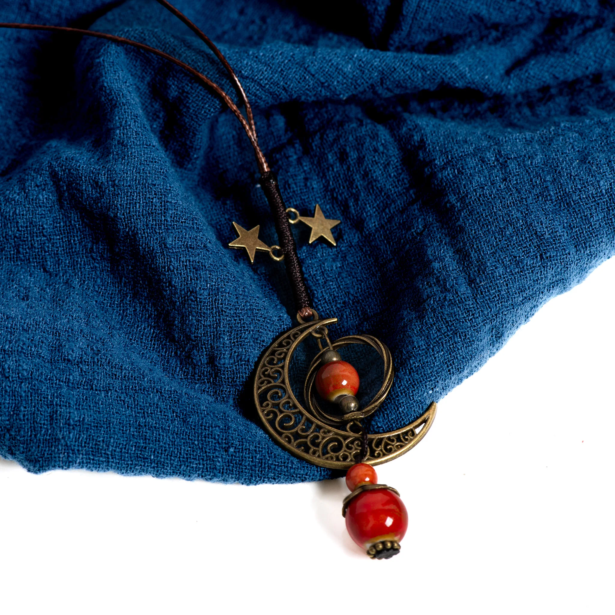 Moon and Star Handmade Ceramic Necklace Adjustable Pendant Boho Vintage Jewelry Multiple Colors  Accessories 142