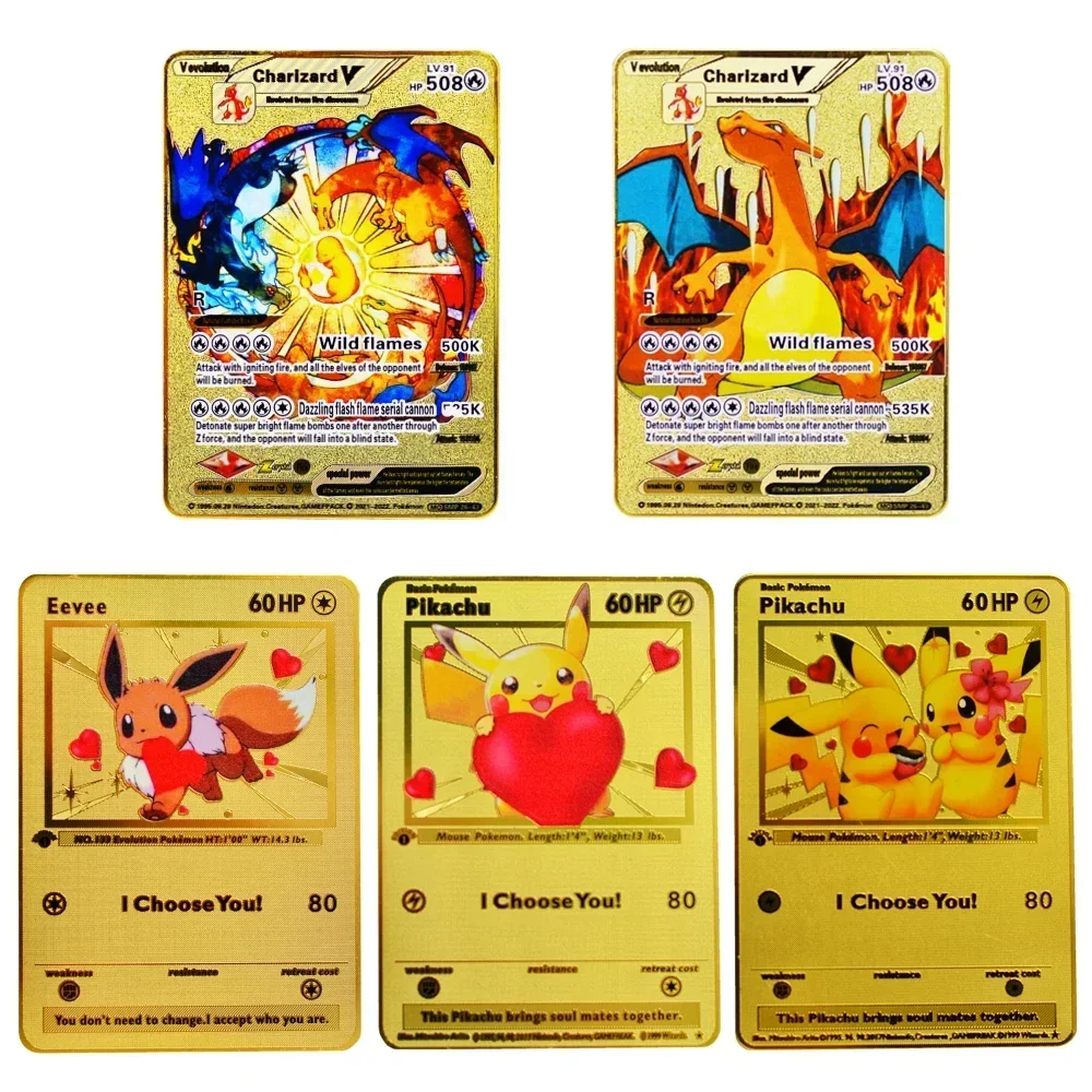 5Pcs Pokemon Card Metal Pokémon Letters Venusaur Vmax Charizard Pikachu Gx Blastoise Gold Iron Cards Anime Games Kids Toys Gifts