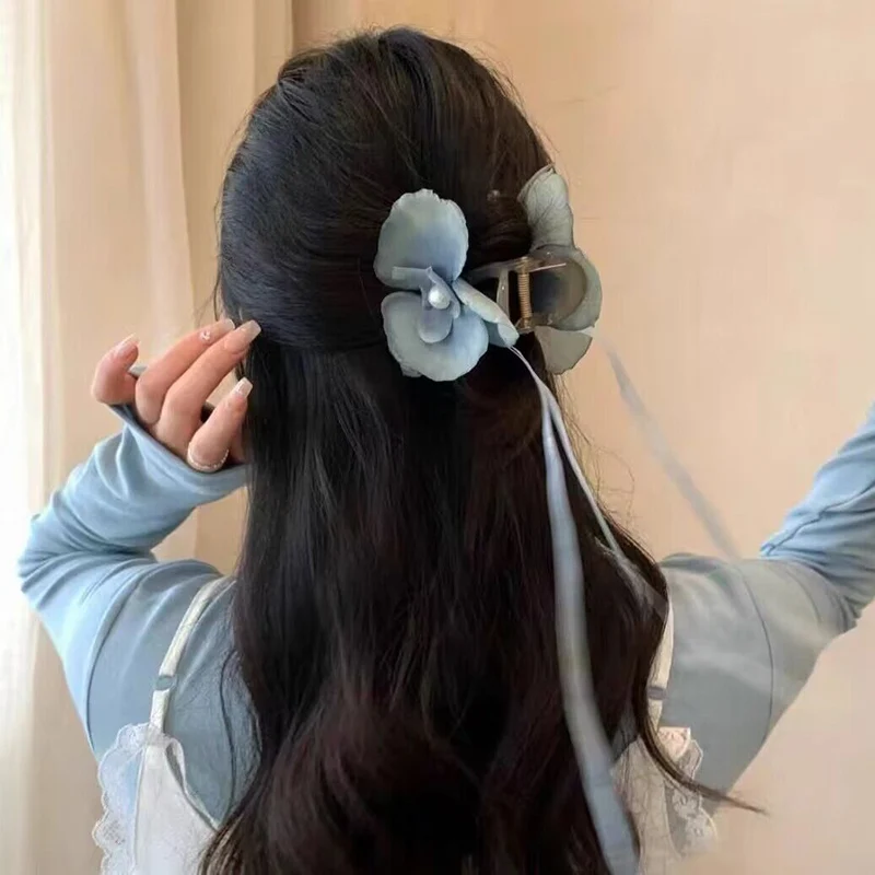 Elegant Floral Orchid Hair Claw Clip Vintage Ribbon Long Tassel Hairpin Barrettes Girl Korean Ponytail Hair Accessories Headwear