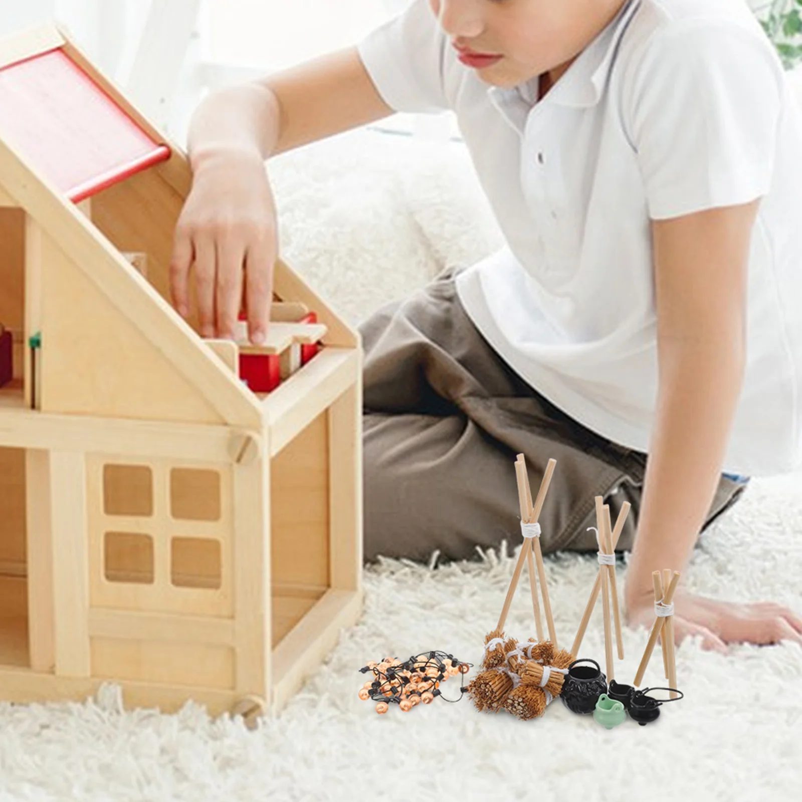 ชุดจำลองกองไฟขนาดเล็ก ของตกแต่งบ้าน ชุดเตาไม้จำลองสมจริง หม้อต้ม ของตกแต่งบ้านตุ๊กตาธีมฮาโลวีน