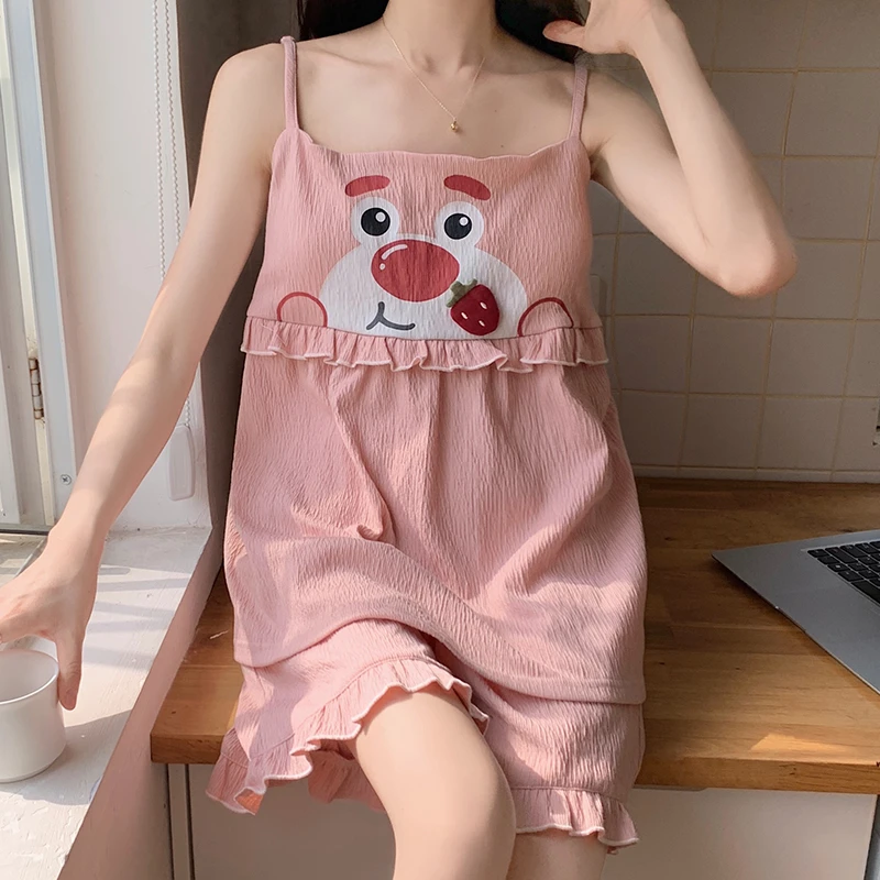 CHENGAISI Sweet Fashion Pyjama Set Cute Loungewear Thin Sleepwear Suit Casual Nightgowns Cotton Nightie Summer Nightwear 2PC