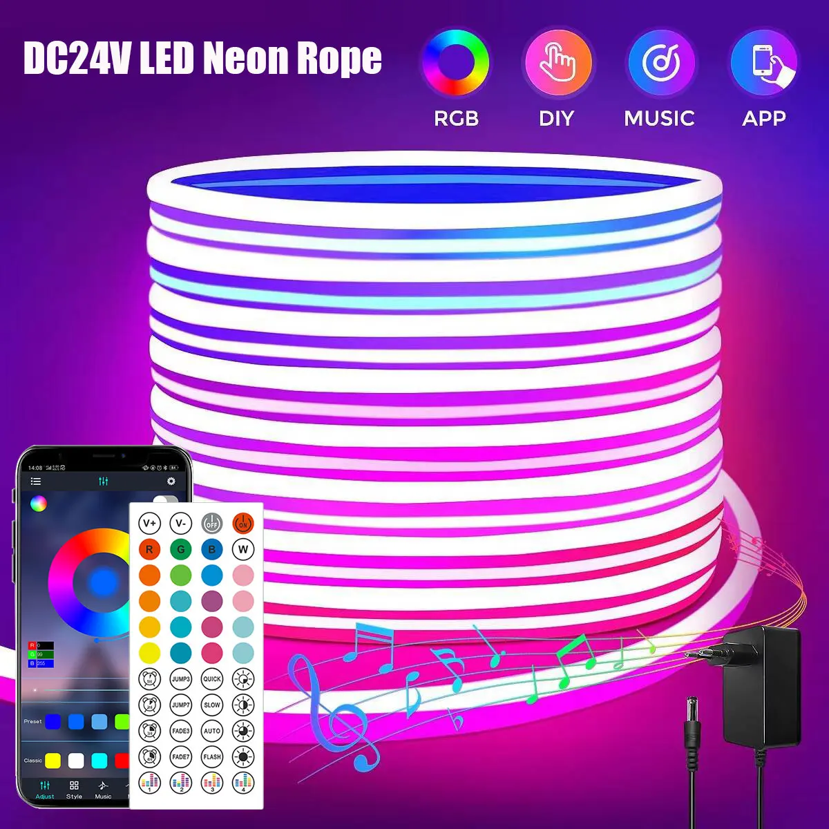 

Неоновая светодиодная лента 24 В Rgb Неоновая гибкая лента управления с Bluetooth App15M 10 м 20 м 30 метров Светодиодный настенный светильник для детской комнаты