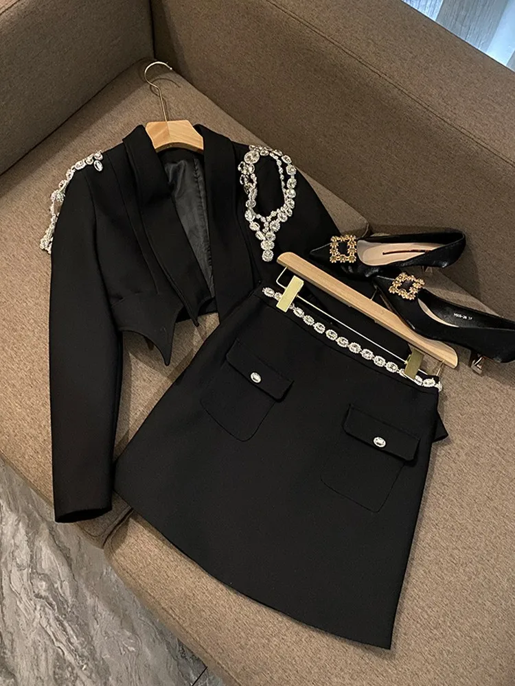 New Office Ladies Fashion Elegant Black Suits Set Diamonds Chain Short Suit Jacket High Waist A-Line Skirts Women Two Piece Set