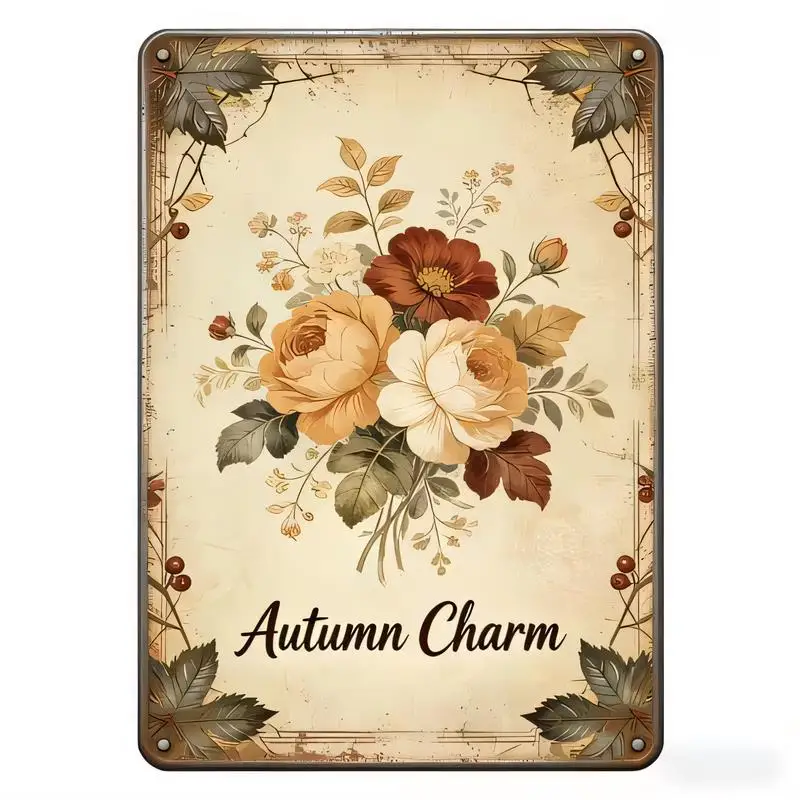 Distressed Vintage Autumn Charm Floral Metal Tin Sign - Retro Autumn Roses Bouquet Wall Art, Iron Home Decor for Farmhouse, Kitc