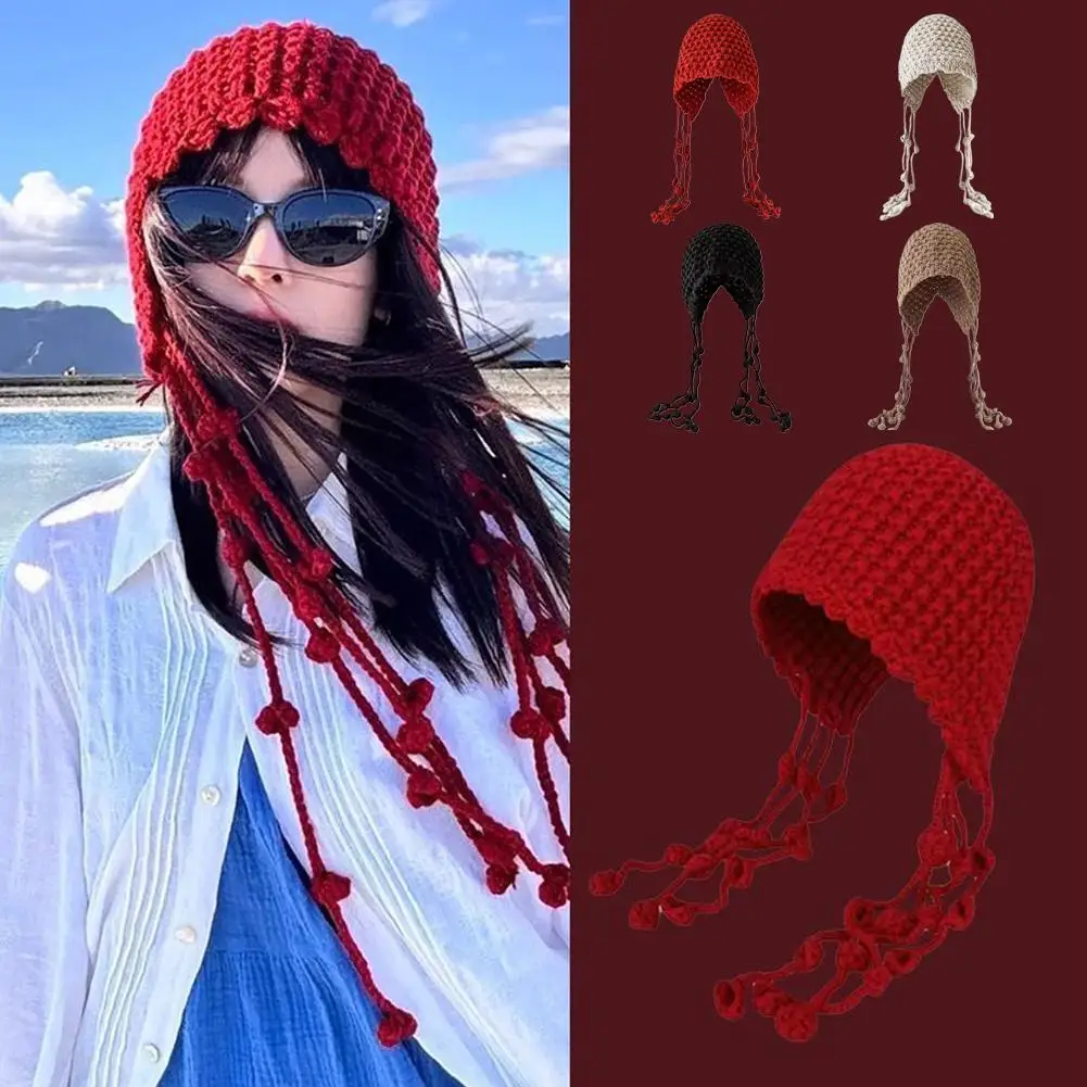 

Женская модная вязаная шапка ручной работы с кисточками, удобная теплая, мягкая, приятная для кожи пуловерная шапка, уличная фотография, путешествия