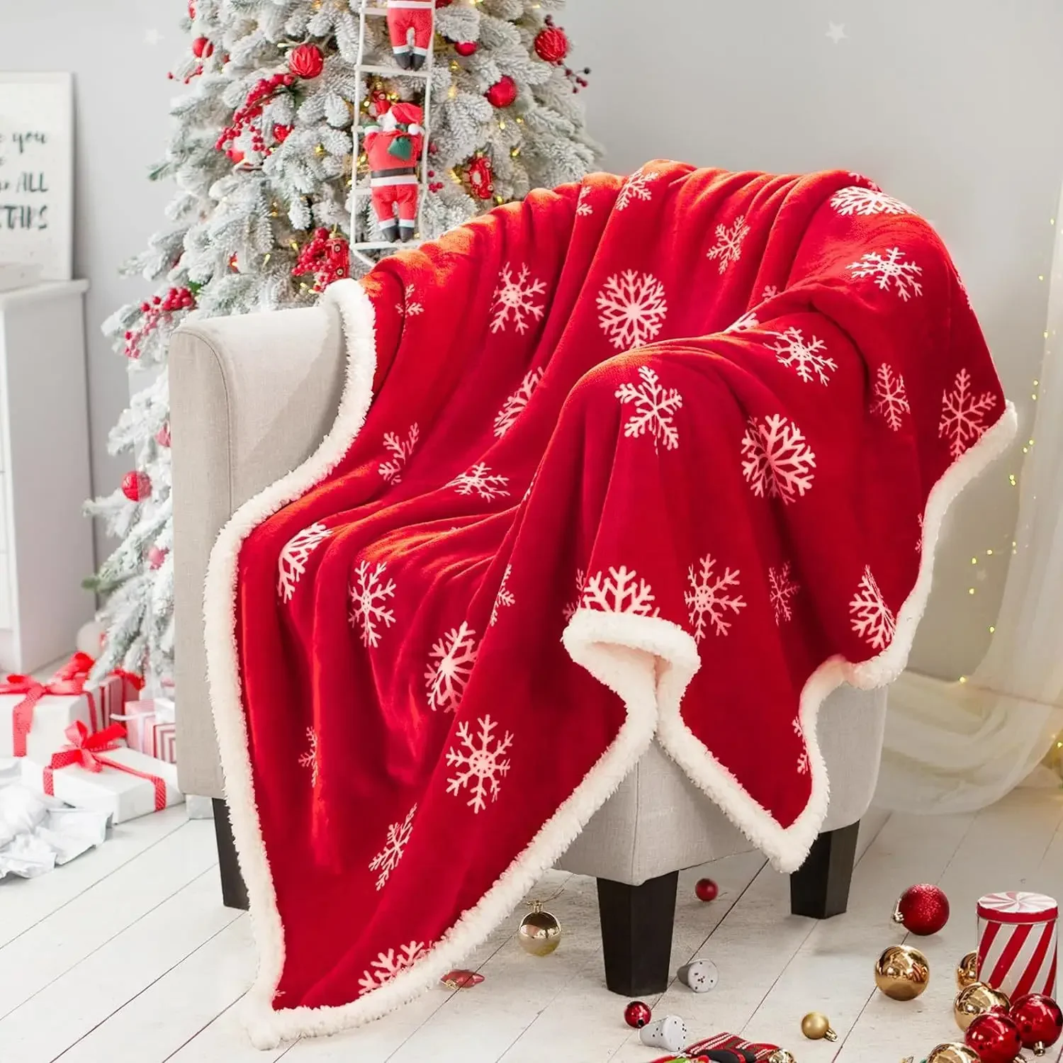 60x80inch Red and White Snowflake Christmas Blanket Plush Fluffy Cozy Blanket Sofa Bed Couch Office Car Camping Available