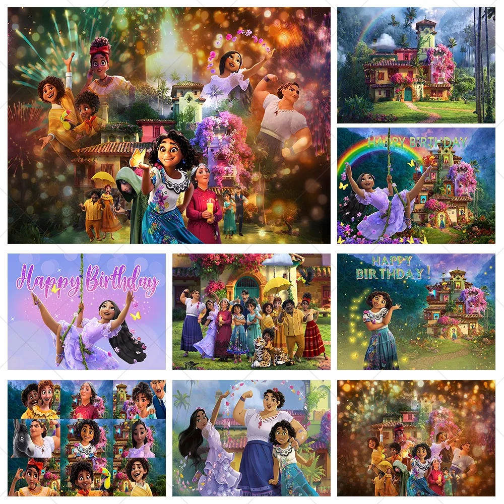 Disney Encanto Magic Family Backdrop Kids Birthday Background Purple Polyester Vinyl Photography Banner Decoration Props