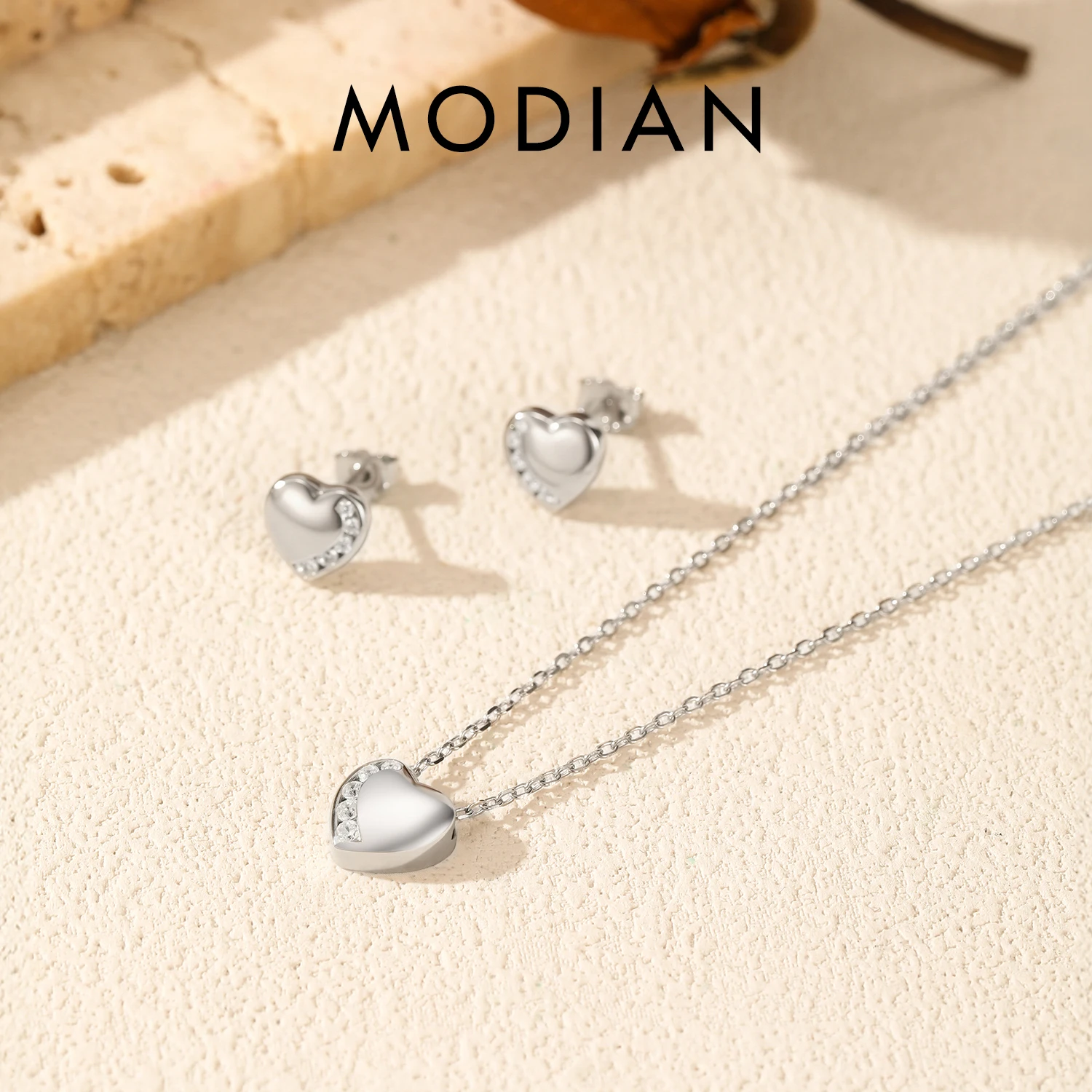 

MODIAN 925 Sterling Silver Sets Simple Heart Ear Studs Dazzling Clear CZ Pendant Necklace For Women Fine Jewelry Sets