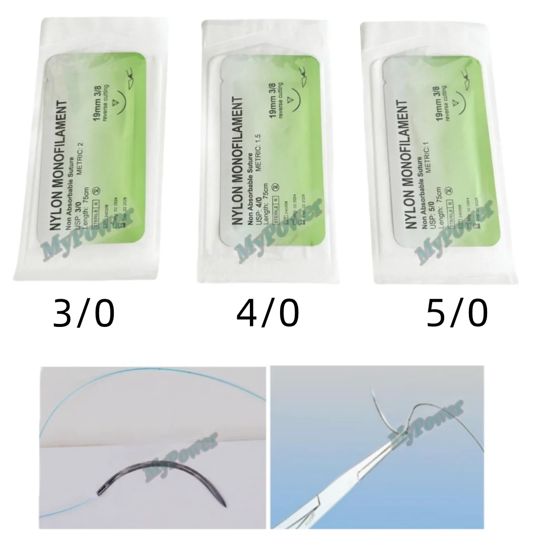 

50Pcs Surgical Sutures Nylon Monofilament USP 3/0 4/0 5/0 Reverse Cutting Suture Sterile