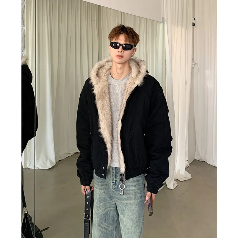 

Men's ort Thiened Lamb Velvet Jaet Winter Warm Hooded Coat Cotton Workwear American High Street Sle Youth Casual Faion