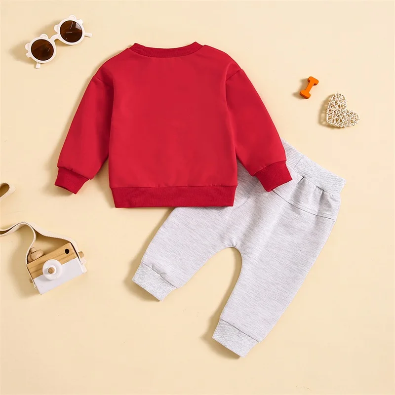 

Valentine s Day Toddler Boys Red Heart Print Long Sleeve Pullover and Elastic Waist Pants Set for a Festive Look