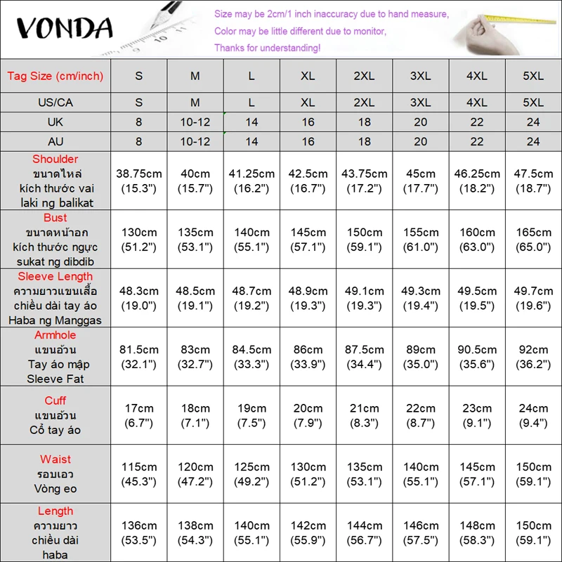 VONDA Sukienka Maxi w Stylu Boho Plus Size Damska Drukowana Sukienka Letnia Vintage Długi Rękaw Latarnia Stójka Vestido Casual Robe 5XL