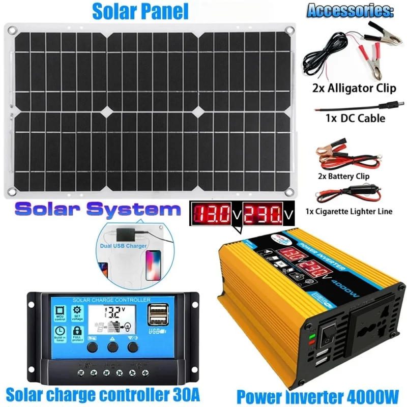6000 W Solar-Wechselrichter-Kit, komplette Stromerzeugung, 600 W Solarpanel, 110 V/220 V System, 12 V Solarpanel, Batterieladeregler