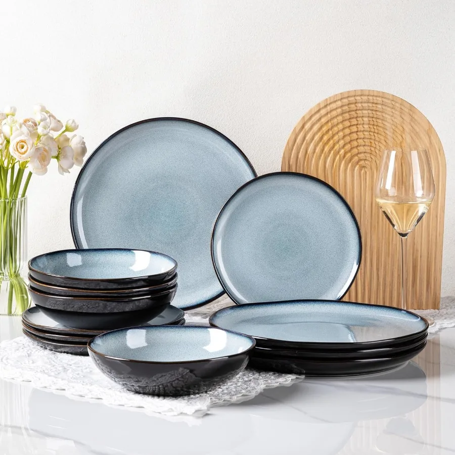 

Наборы керамической посуды на 4, каменные тарелки и миски с волнистой реактивной глазурью, устойчивые к царапинам для повседневной столовой