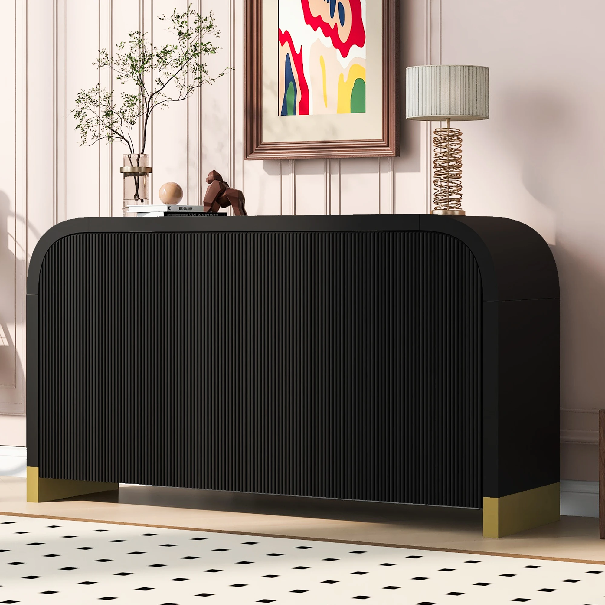 

U_STYLE 59.8'' Буфет-сервант с арочным потолком и 4-дверный шкаф для хранения из соснового шпона с волнообразной дверной панелью Elegan
