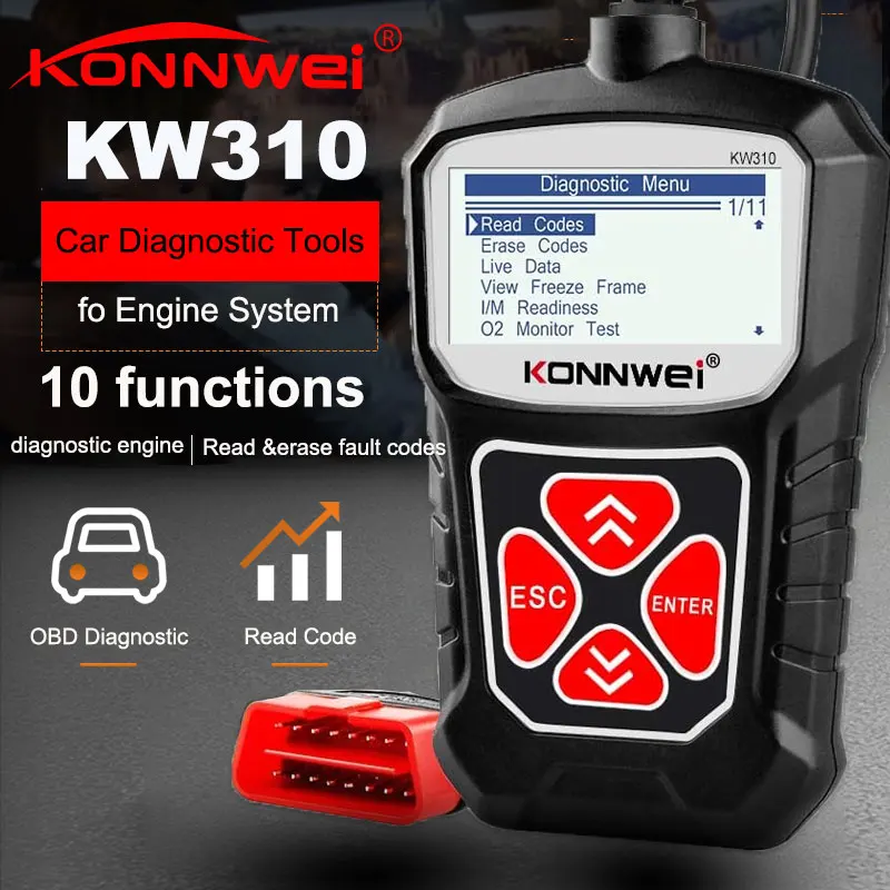 KONNWEI KW310 OBD2 Code Reader 12V Car Diagnostic Scanner Multiple Languages Full OBDII Functions Scan Tool PK ELM327