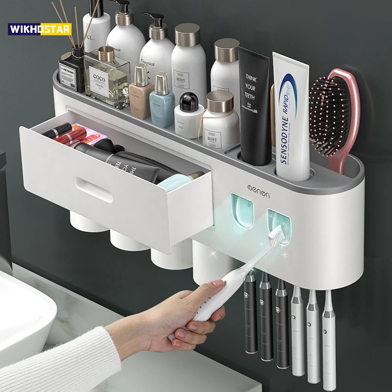 WIKHOSTEAR Wall mounted Toothbrush Holder Magnetic Adsorption Inverted Toothpaste Squeezer Double Automatic Toothpaste Dispenser