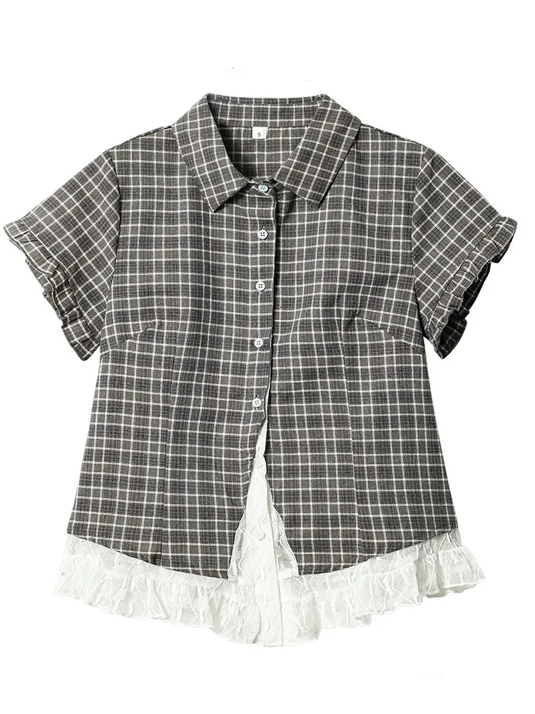 Lace Patchwork Plaid Shirt Women Summer Sweet Short Sleeve Vintage Blouse Slim Sweet Retro Japan Kawaii Female Cute Casual Tops