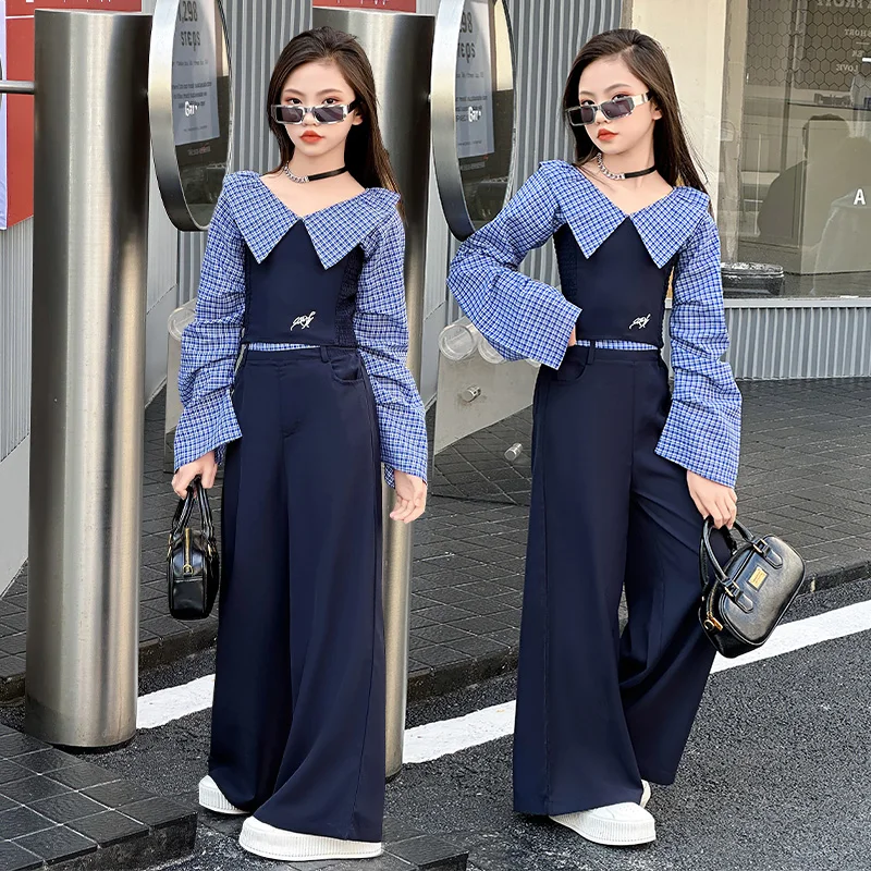 

French design teen girls clothes set Off Shoulder splicing grid tops+wide leg pants 2pcs junior kids fashion suit child outfits