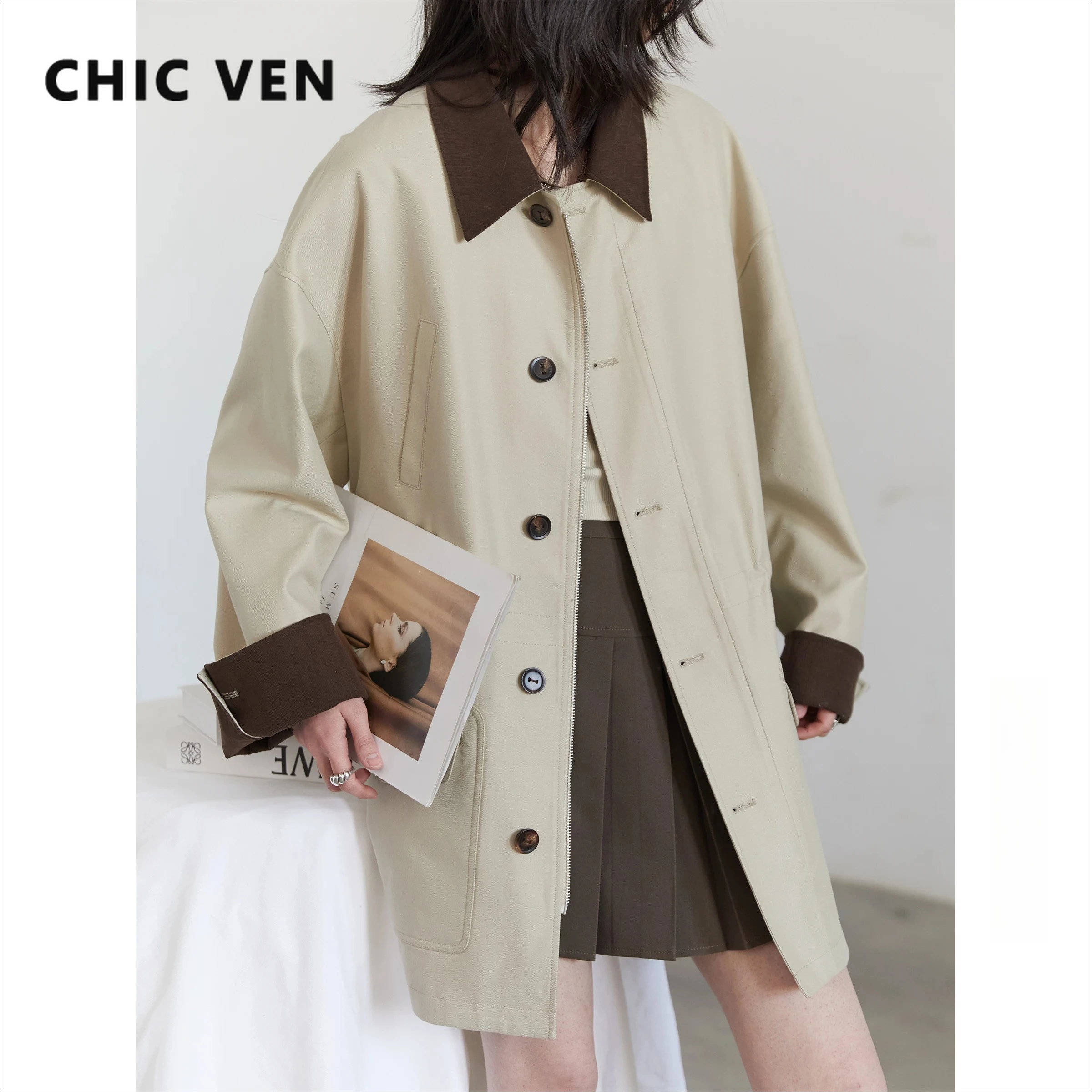 

CHIC VEN модный женский плащ свободный однобортный ветровка средней длины повседневные топы для девочек верхняя одежда весна осень 2025
