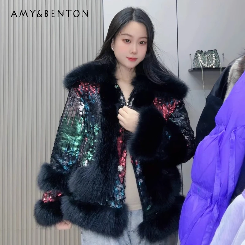 سترة أنيقة سميكة مبطنة بالصوف المرقعة لينة مريحة أبلى الصناعة الثقيلة الترتر فو الفراء معطف فروي طوق أعلى الشتاء #4