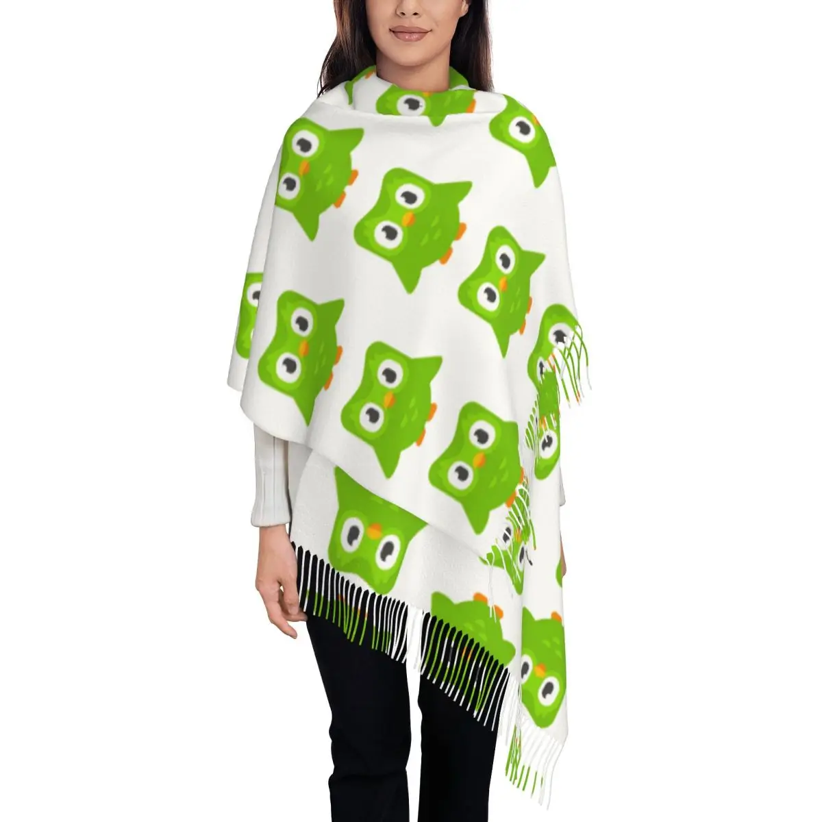 

Luxury Duolingo OwI Duo Tassel Scarf Women Winter Warm Shawl Wrap Lady Cartoon Scarves