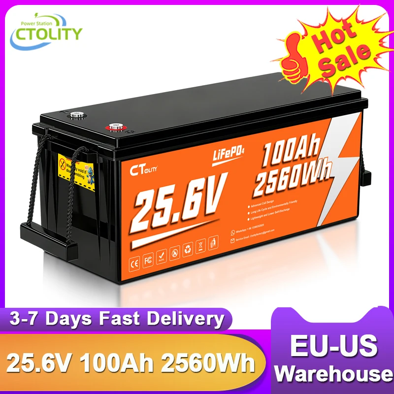 

CTOLITY 2560Wh LiFePO4 Battery 25V Rechargeable Batteries 100A BMS For Series Parallel RV Boat Motors Solar Energy CT100-25